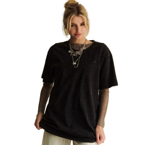 DAVI & DANI Women’s Black Glitter Pattern Round Neck Short Sleeve Top